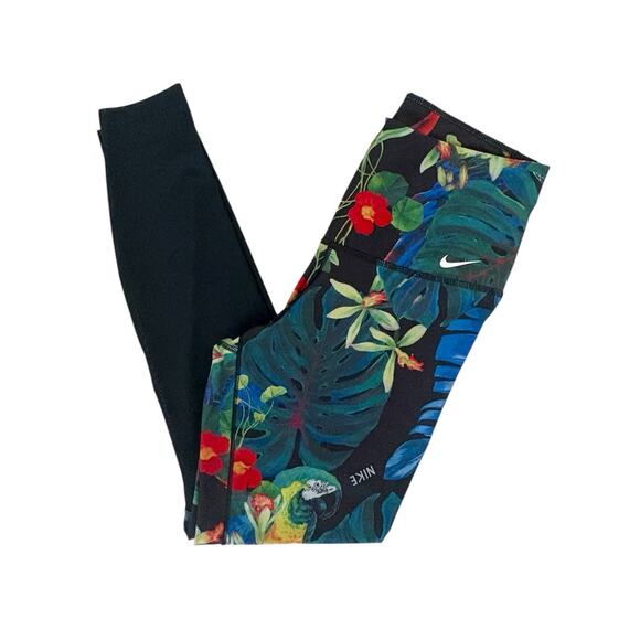 Nike Dri-FIT Leggings Black Tropical Parrot High-Rise Mesh Athletic Medium - Picture 1 of 4